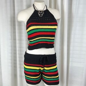 Rasta Striped Crochet Knit 2 Piece Set Halter Top High Waisted Shorts‎ sz M